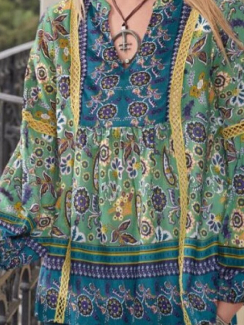 Sundance Green and Blue Floral Boho Peasant Blouse - Picture 2 of 5